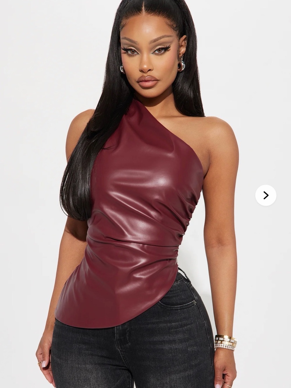 Fashion Nova One-Shoulder Faux Leather Camisole in Burgundy